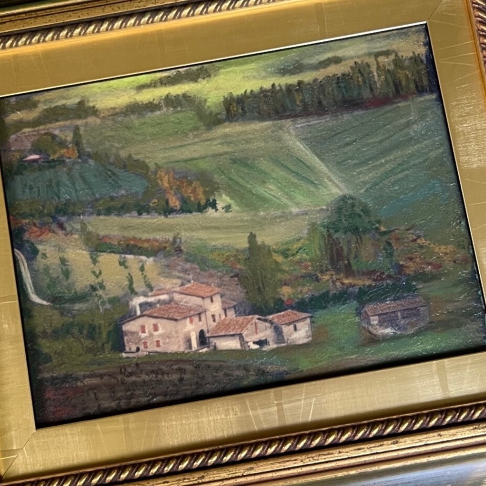 Vintage Impressionist Oil Painting Rural Landscape Ornate Green Gold Frame